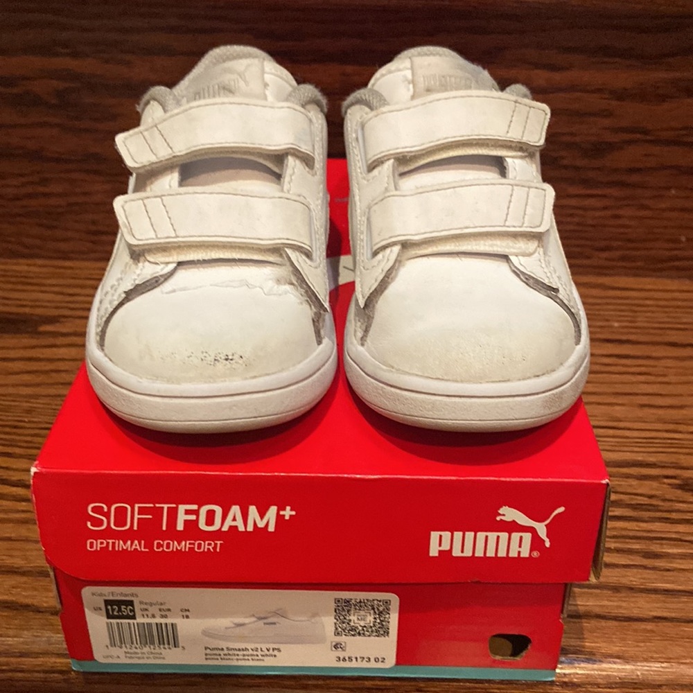 Hard to Find White Smash Velcro Puma Sneakers -Size 12.5C. Unisex. - Picture 2 of 7